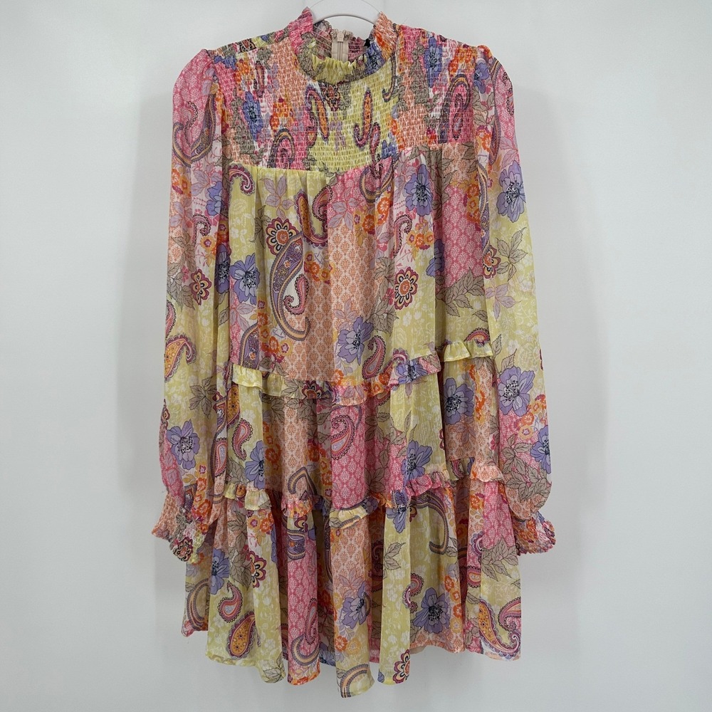 Fate‎ Womens Paisley Floral Patchwork Smocked Tiered Mini Dress Sz S Boho Flowy